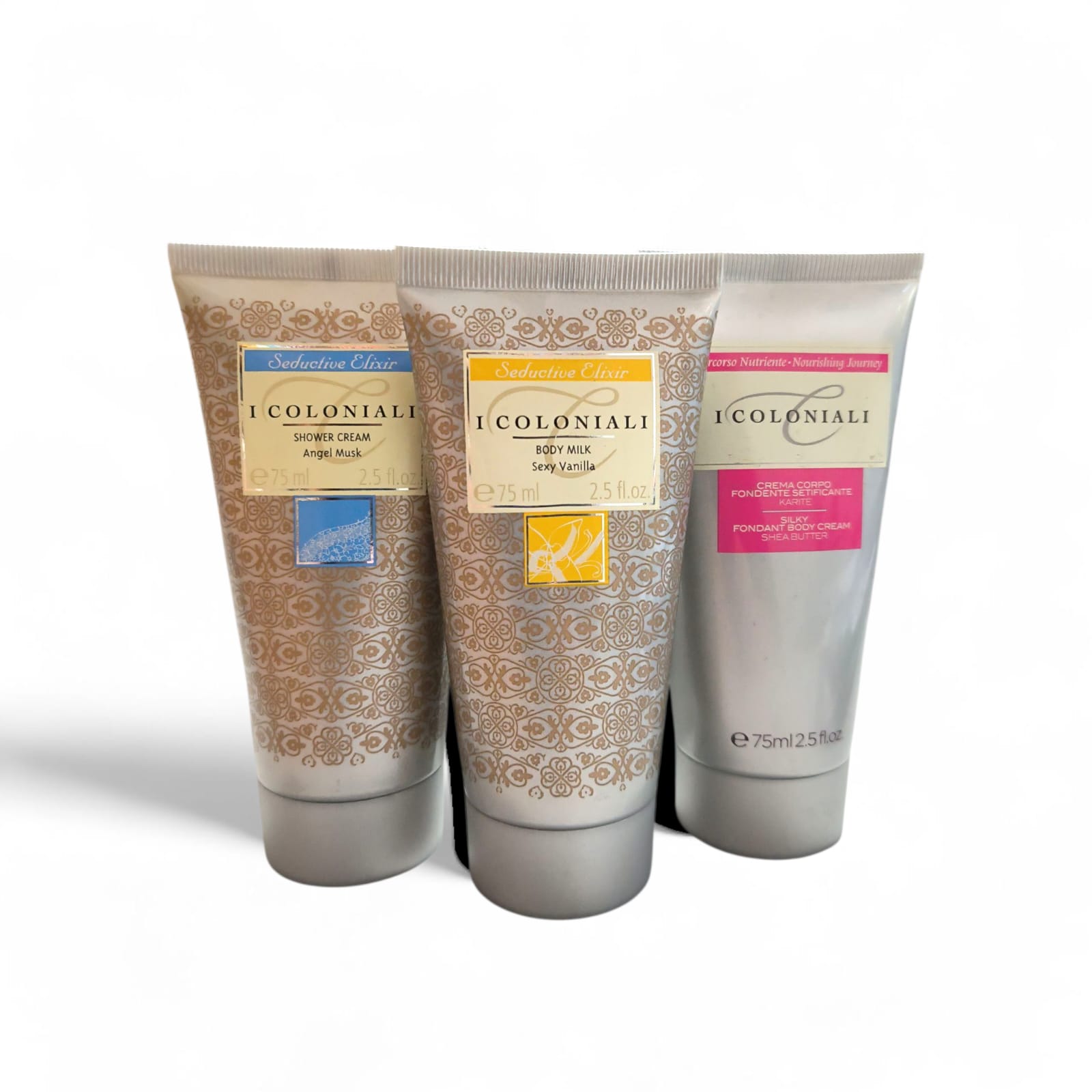 3 x I Coloniali Latte Corpo alla Vaniglia 75ml + Crema corpo alla Karitè 75ml + Shower Cream Angel Musk 75ml