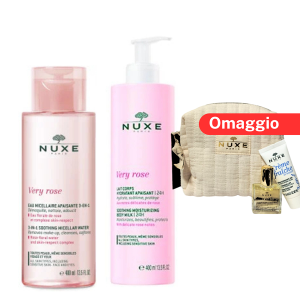 Nuxe Acqua Micellare 400ml + Latte Corpo idratante 400ml + omaggio pochette