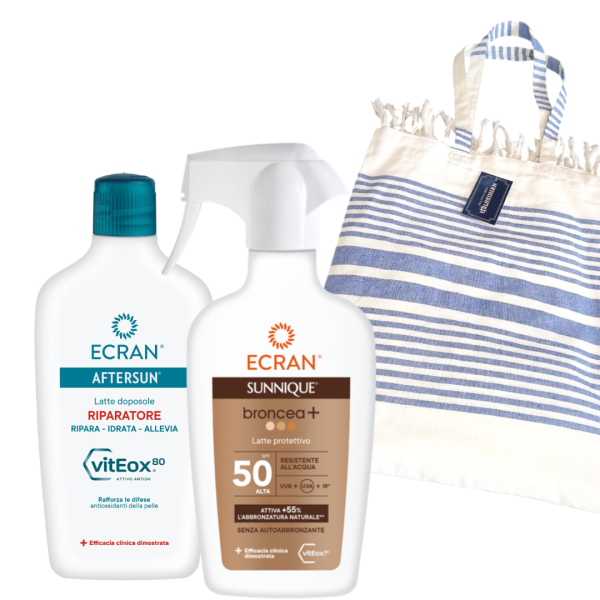 Kit Ecran Latte spray Spf 50 + Latte doposole idratante 400ml + Borsa telo mare